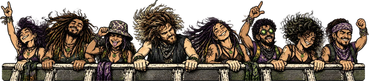 Cartoon bassheads headbanging at the festival rail