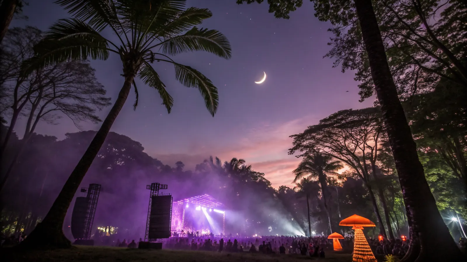 Escenario circular de luz morada entre árboles altos de noche, con público y luna, cerca de Jacó