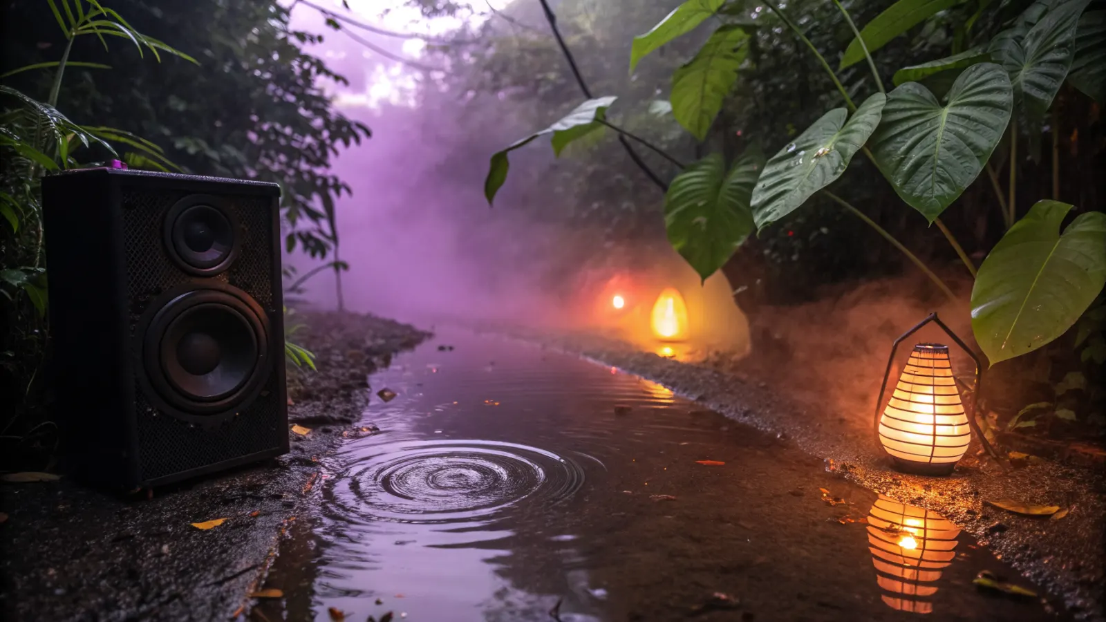 A puddle on the campsite ground rippling from the bass, with purple light reflected in the water