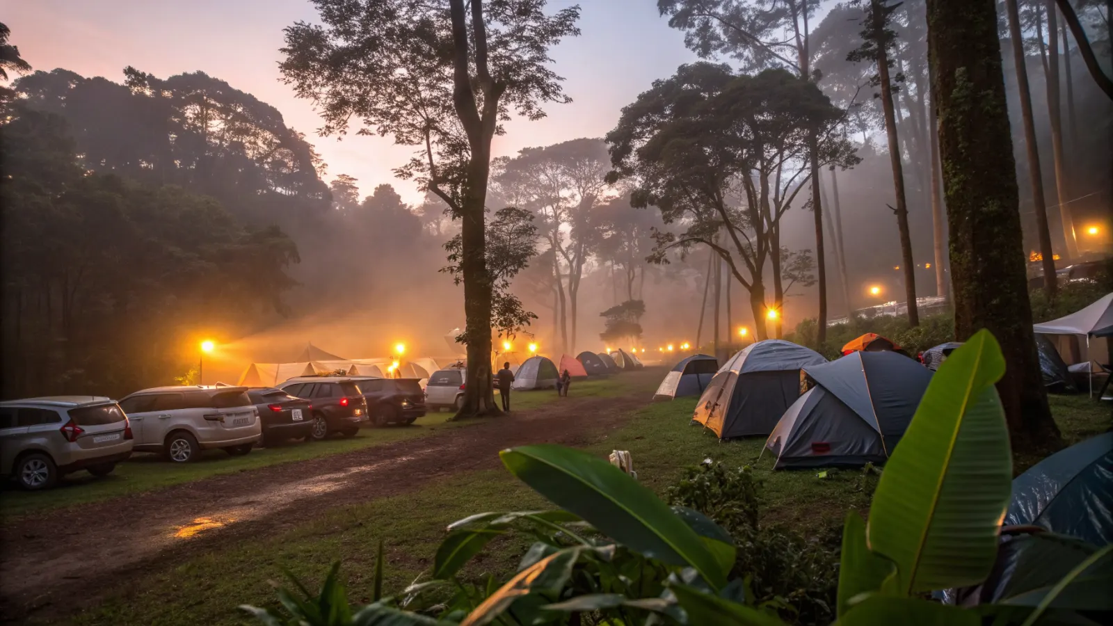 Amanecer sobre carpas y carros parqueados en bloques de camping arbolados