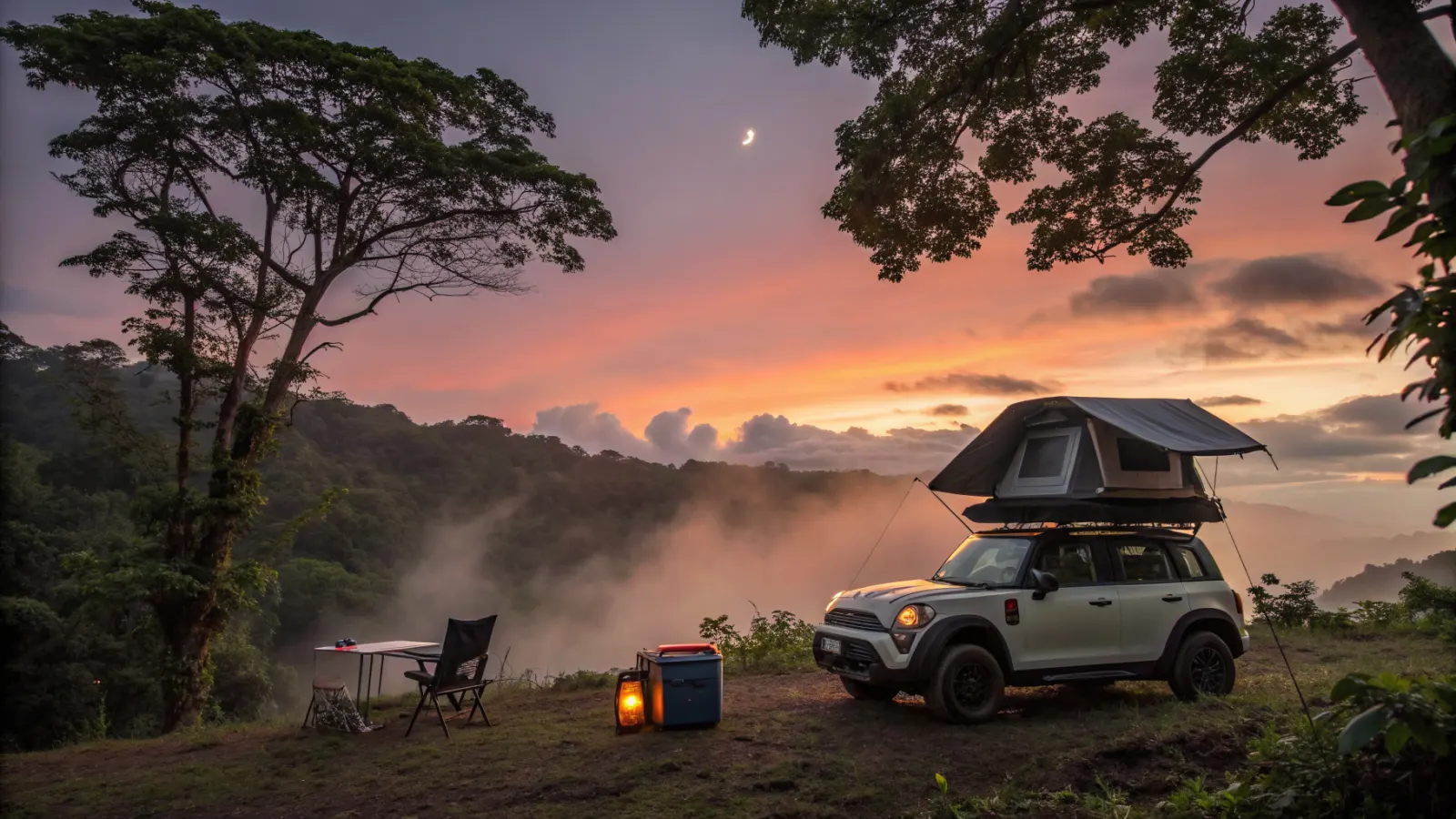 An SUV with a rooftop tent parked between trees near the coast at dawn