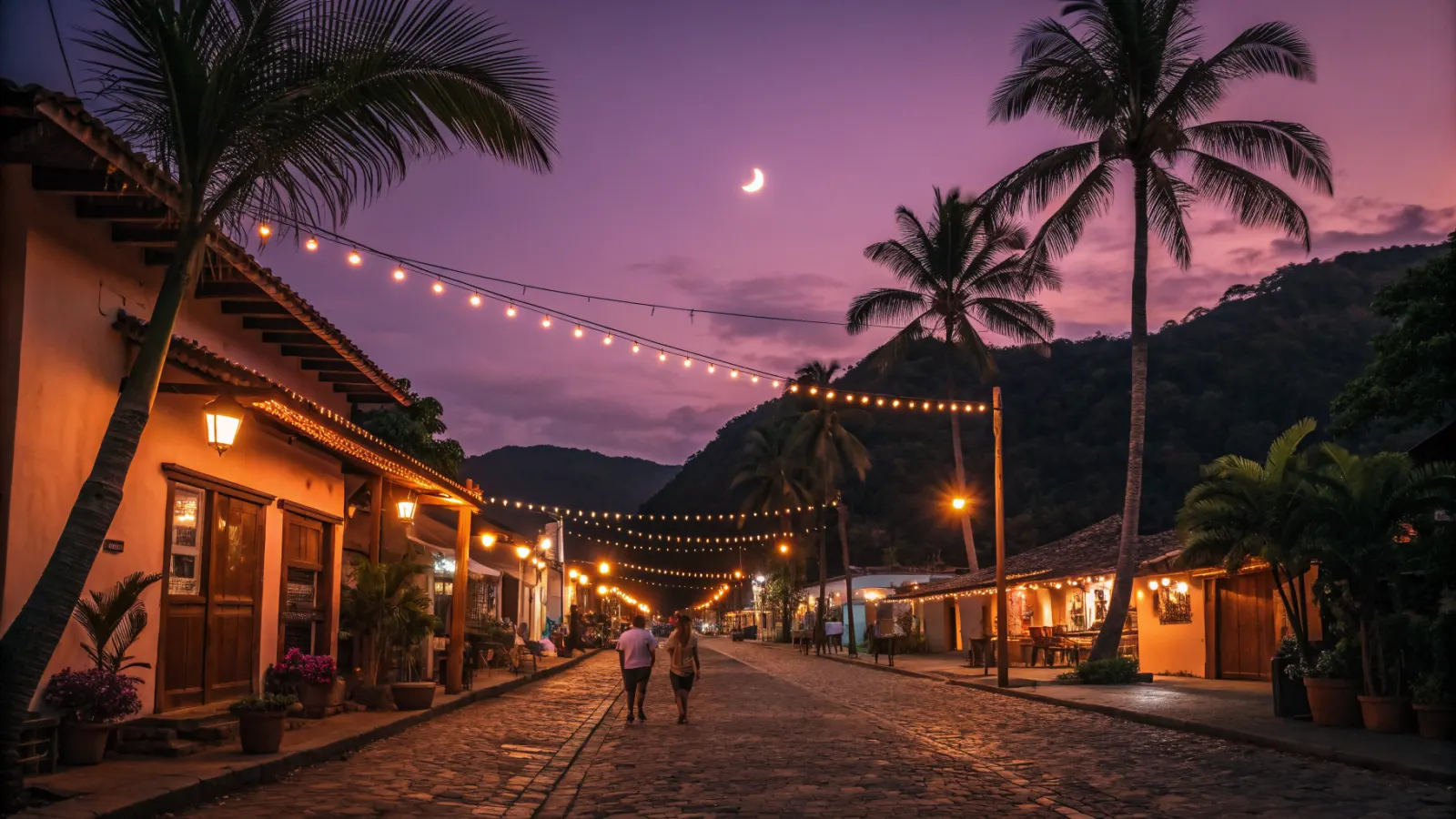 Main street of a beach town at night in December, string lights strung between palms and people walking