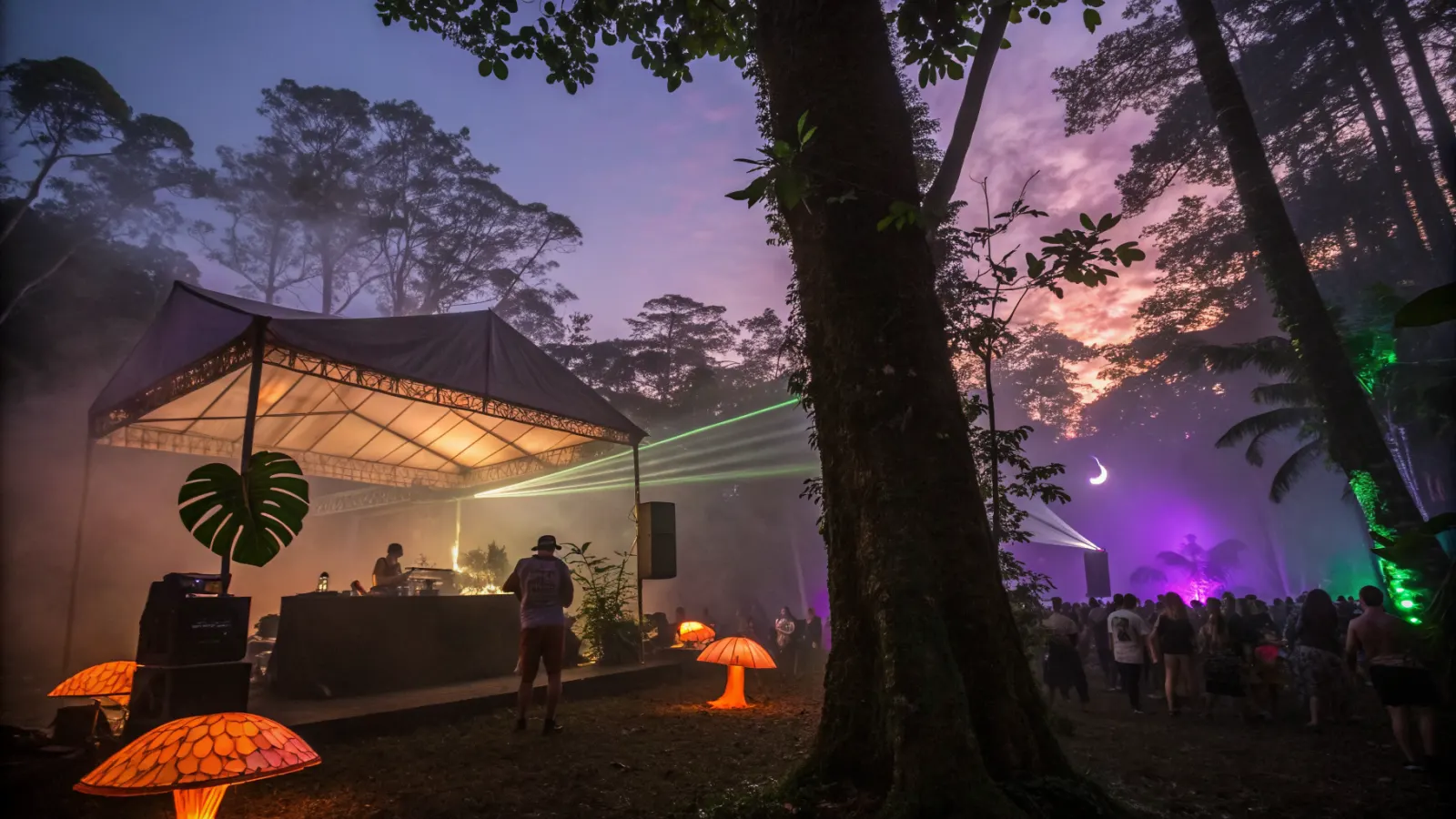 Cabina de DJ bajo una lona entre árboles altos, con público bailando desenfocado y láseres