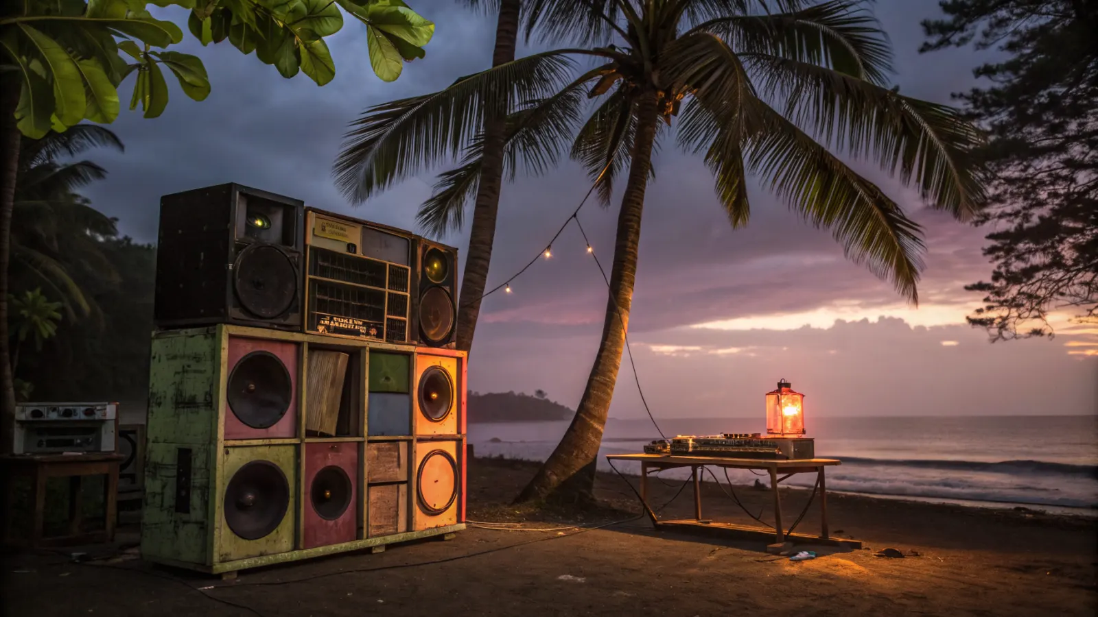 Sound system de reggae armado a mano en madera, bajo palmeras y de noche, en la costa de Costa Rica