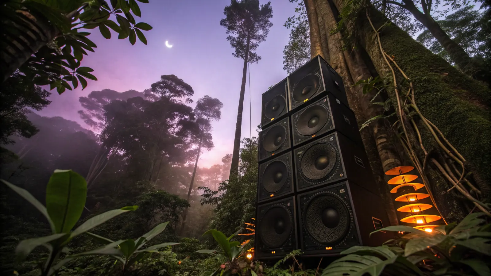 Torre de parlantes de bass entre árboles enormes bajo un cielo violeta