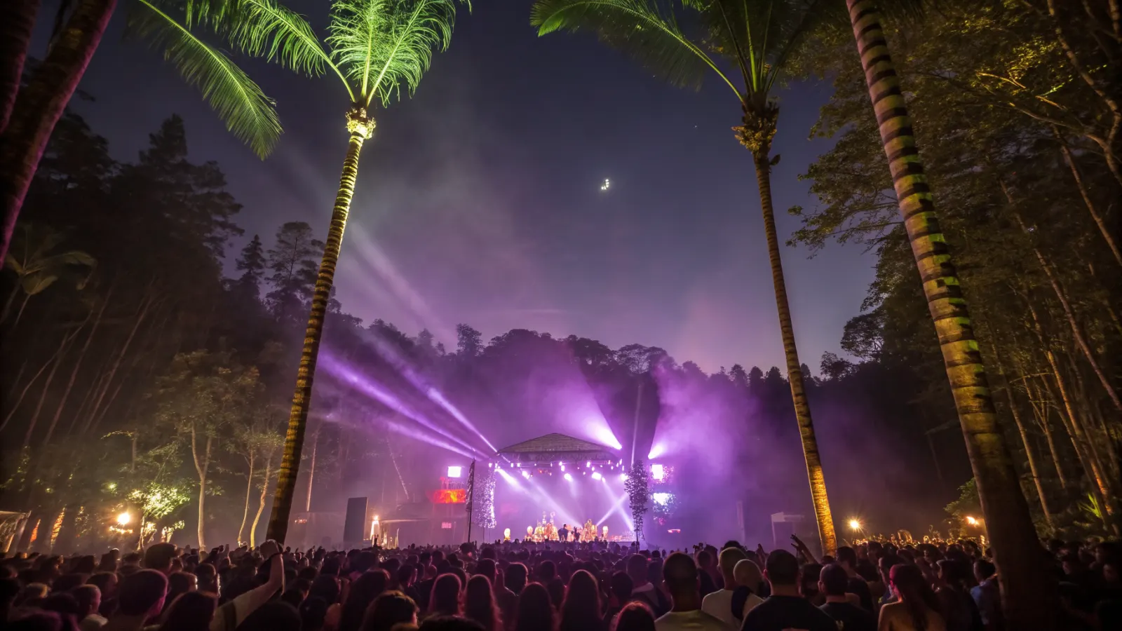 Escenario ancho de festival de música electrónica en un claro entre árboles de noche, con público, láseres morados y un aro luminoso sobre la cabina
