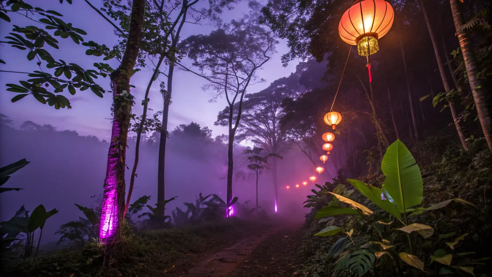 Formas de neón y luz quebrada entre hojas mojadas de noche