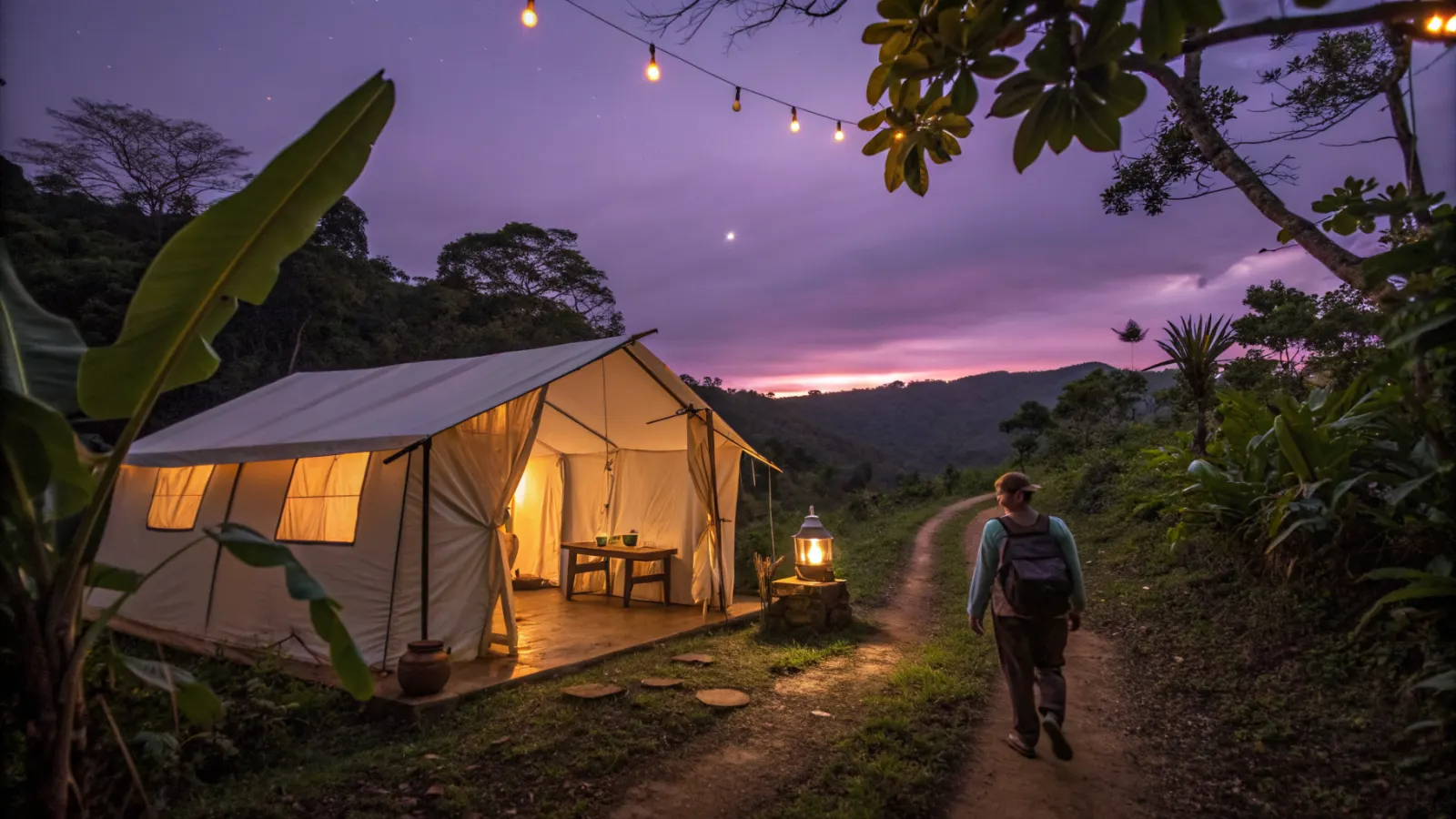 Check-in tent with lanterns at the edge of the grounds at night, near Jacó