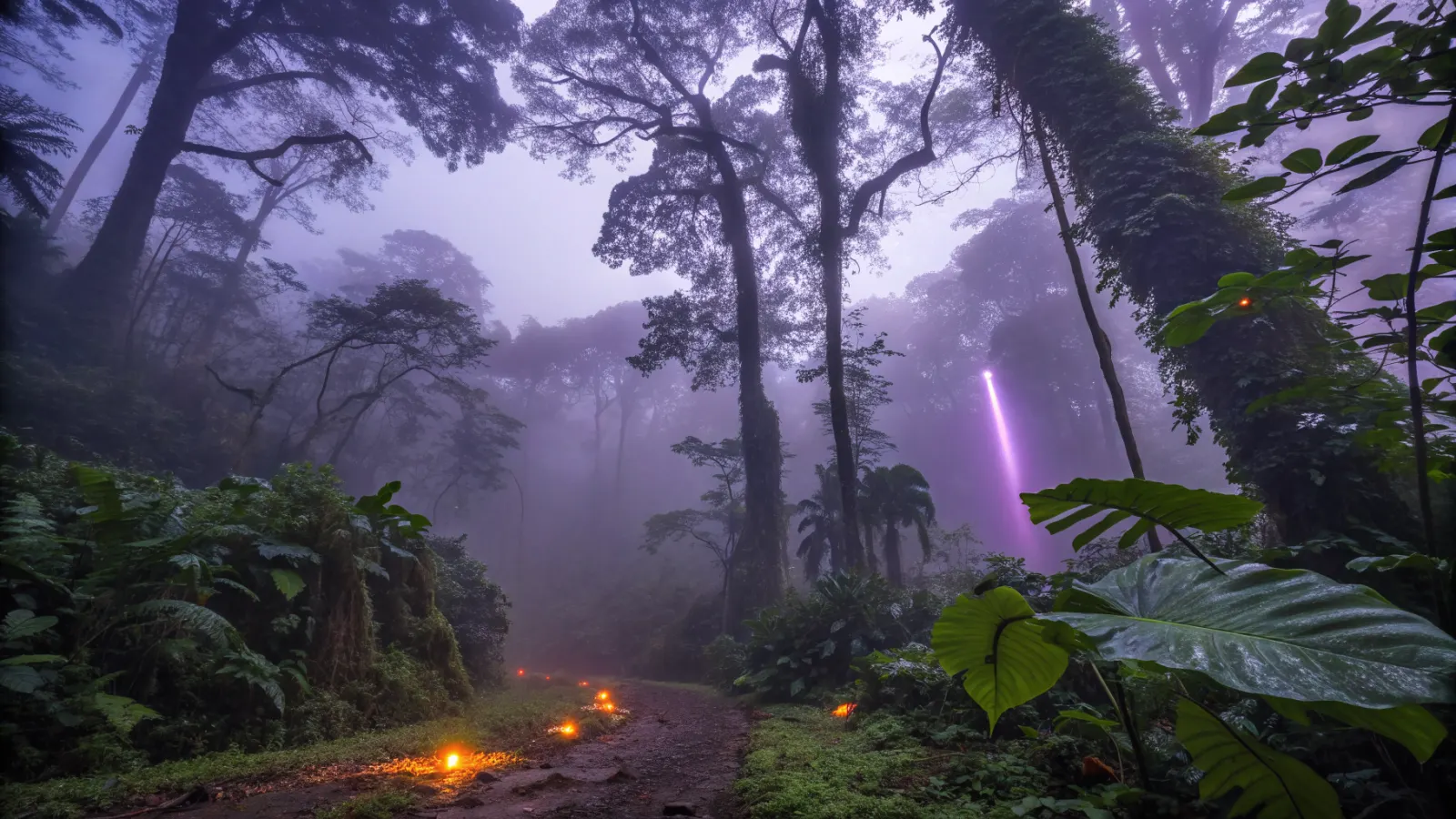 Árboles altos al atardecer con un solo haz de luz morada atravesando la neblina