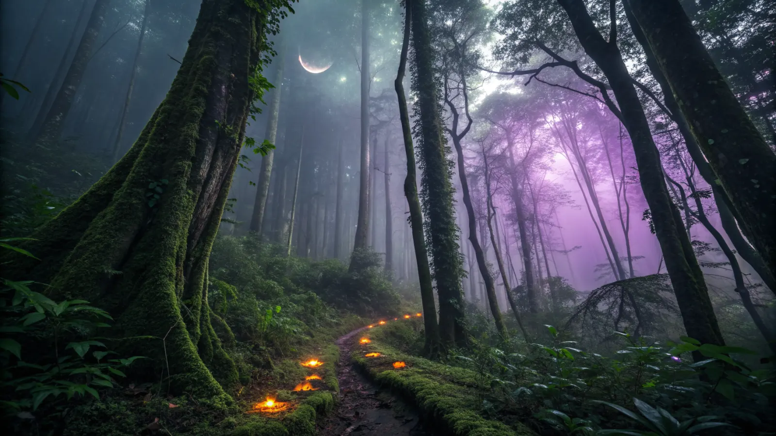 Árboles densos de noche con rayas de luz verde y morada entre los troncos