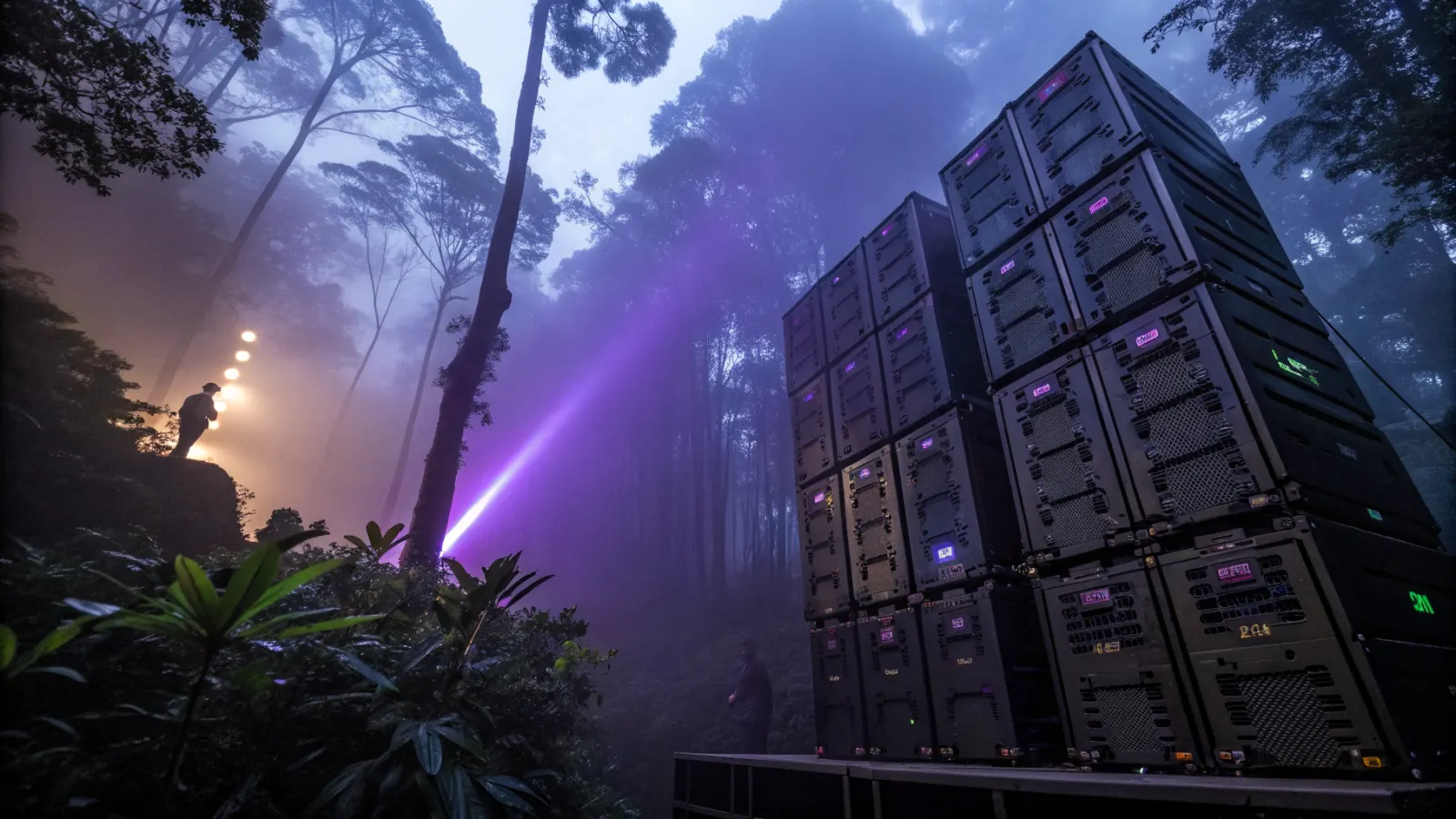 Torres de parlantes metálicos entre árboles con láseres morados cortando la neblina