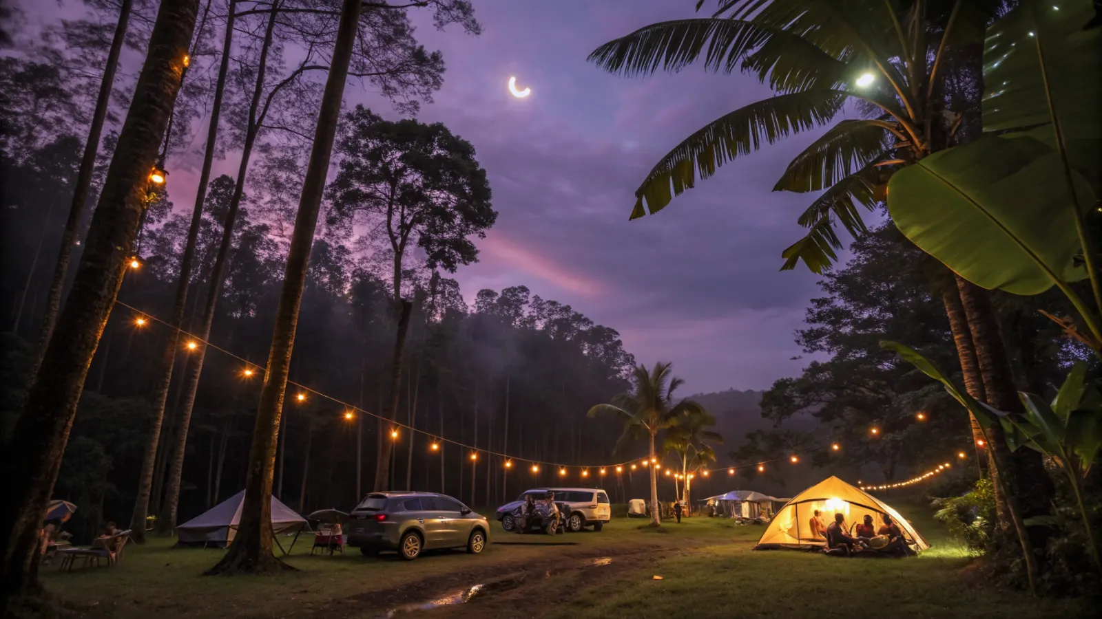 Carros y carpas entre árboles altos de noche con luces colgantes naranjas y luna, en un camping entre árboles