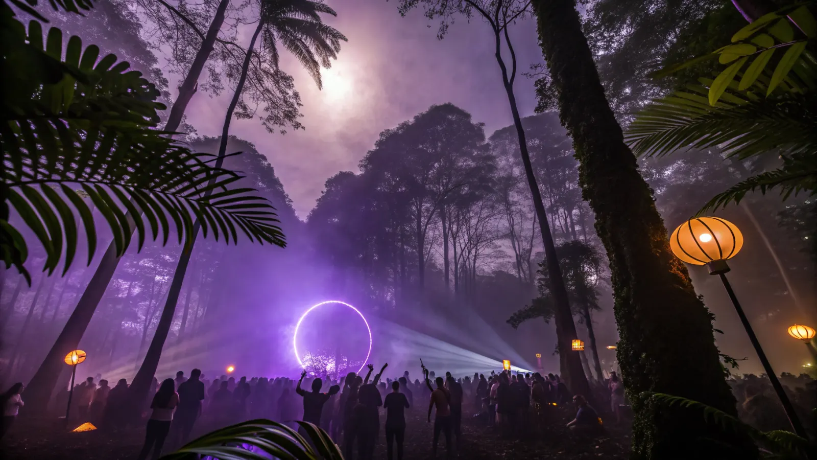 Multitud con los brazos arriba frente a un anillo de luz morada en un claro entre árboles a medianoche