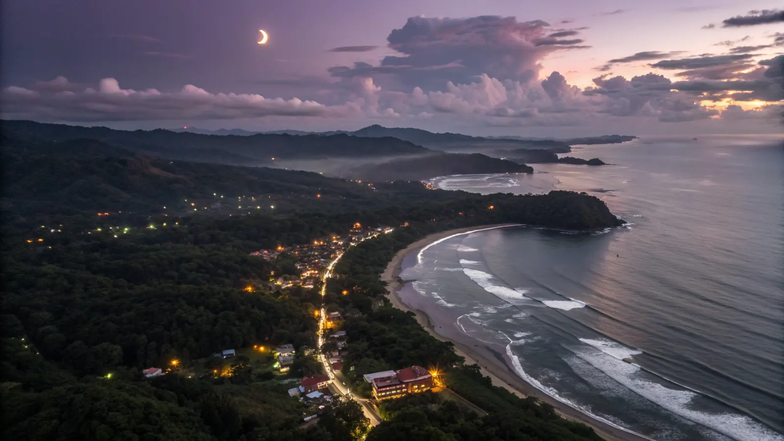 High aerial view of the Pacific coastline at night with bays and town lights