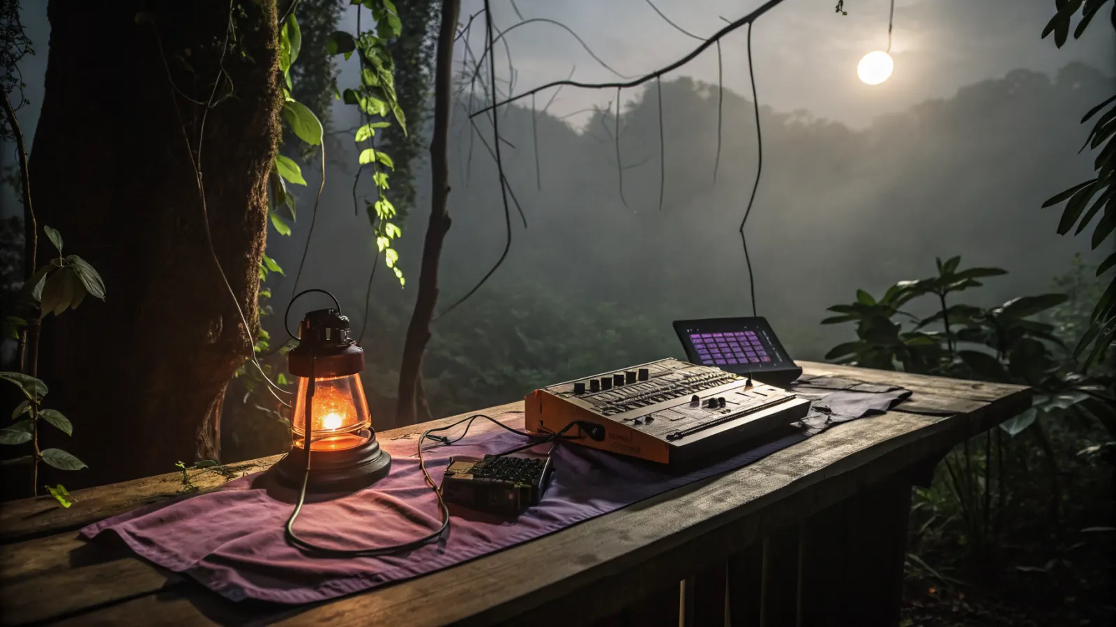 A drum machine and sampler on a wooden table under a tarp between trees at night