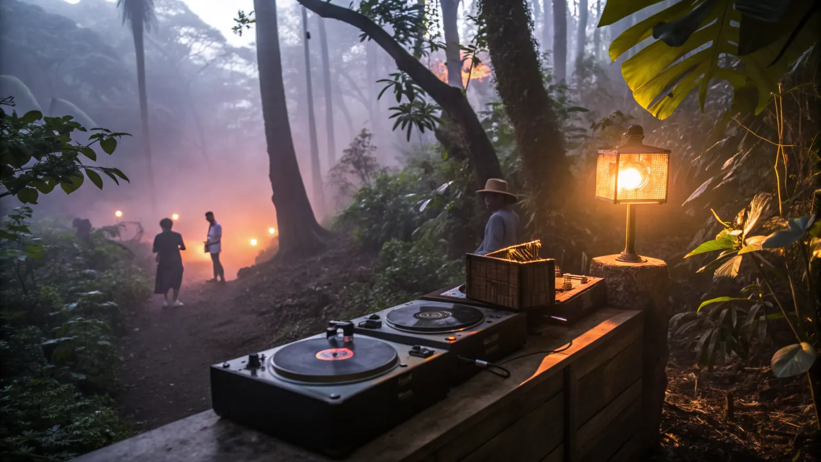 Dos tornamesas y una caja de discos en una cabina de DJ entre árboles al amanecer