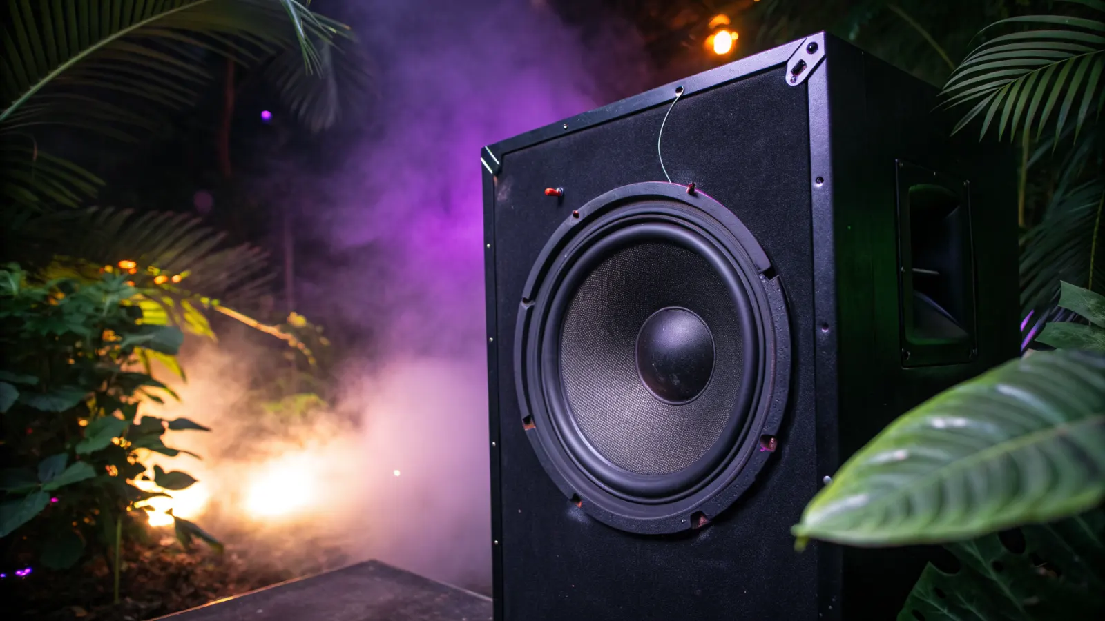 Cono de un subwoofer enorme vibrando bajo luz morada, con hojas reflejadas en la rejilla
