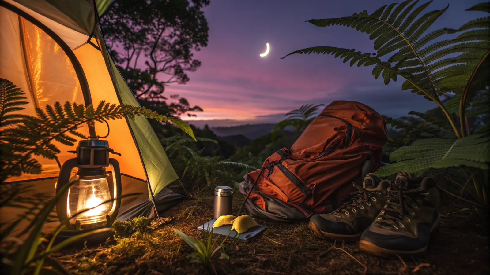 Farol encendido, mochila, botella y botas junto a una carpa en el terreno de camping al anochecer