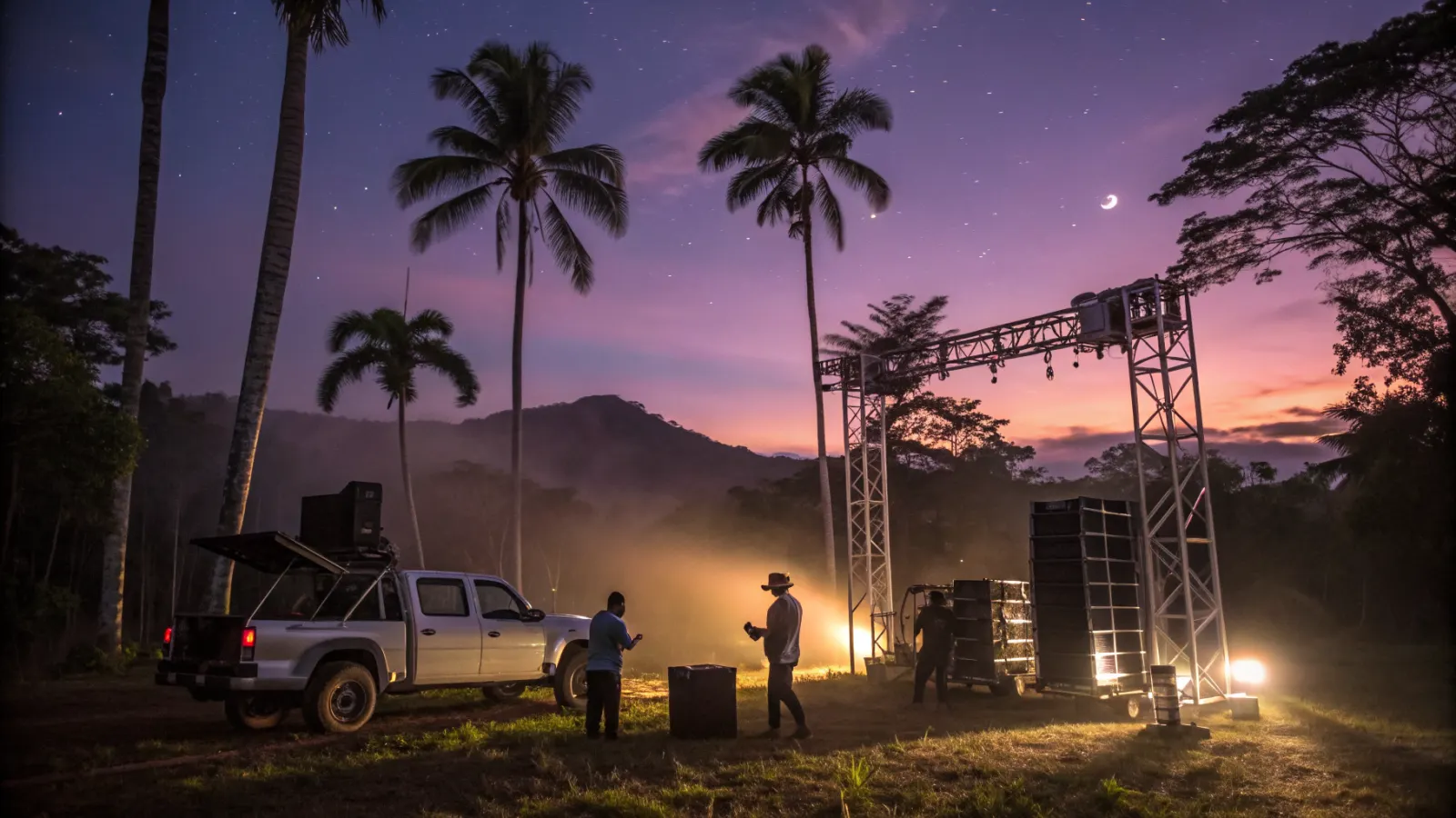 Crew unloading speaker cabinets from a pickup in a clearing between trees at dusk