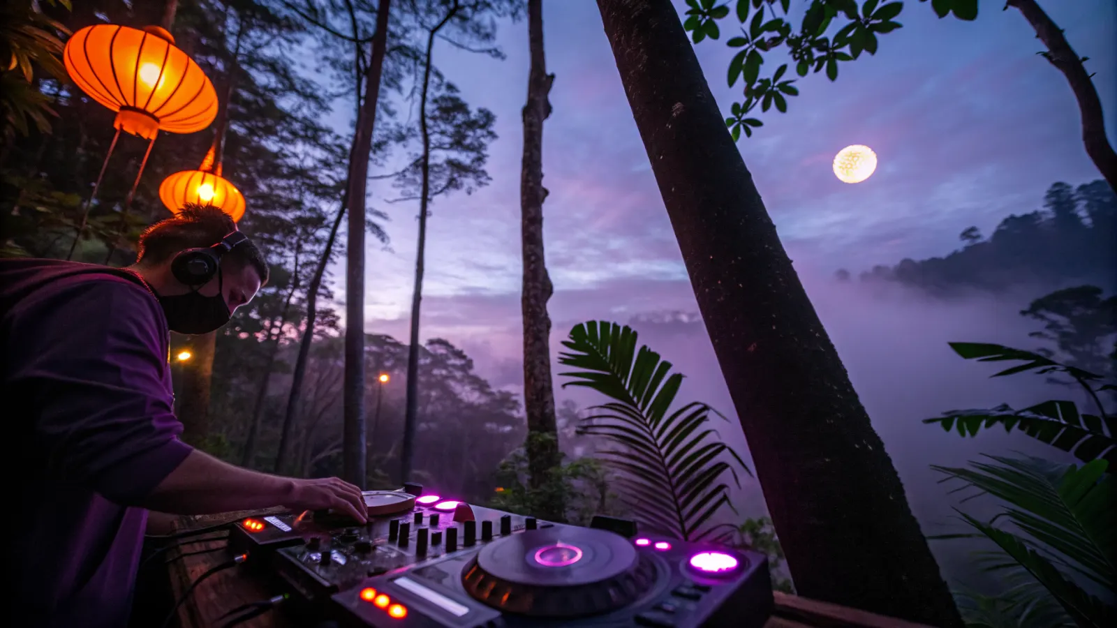 Manos de un DJ sobre una mezcladora en una cabina entre árboles altos, de noche